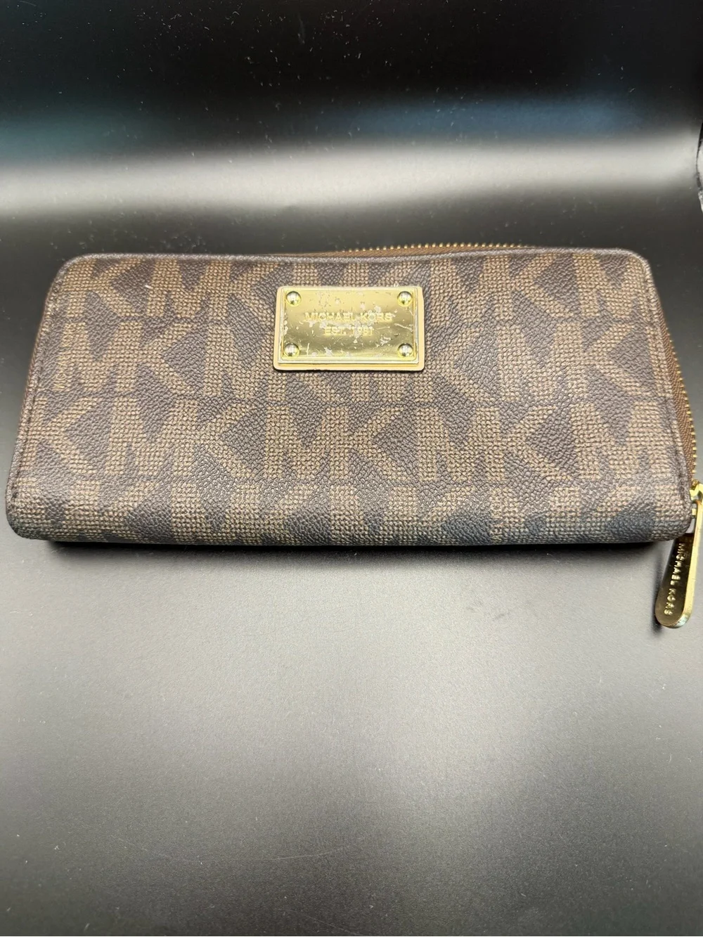 Michael Kors Brown MK Logo Zip Wallet with Gold Plate
